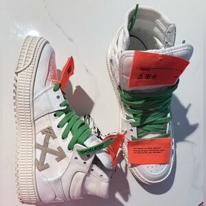 Off-White Women's White and Orange Sneakers High Top with Green Laces